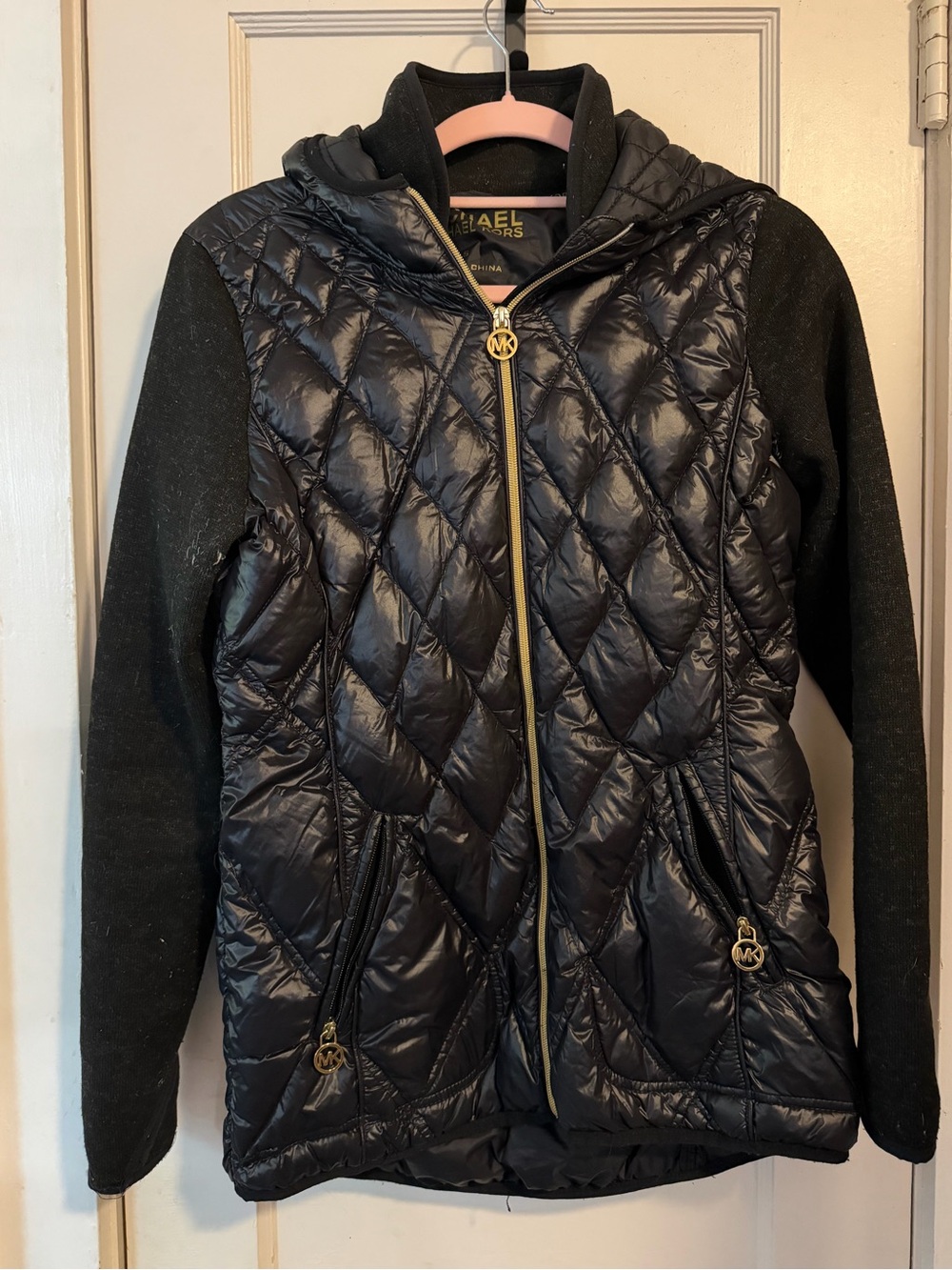 Michael Kors Black Quilted Hooded Puffer Jacket with Knit Sleeves